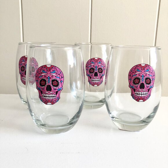 Cristar Pink Sugar Skull Stemless Wine Glasses Set of 2 Day of The Dead - Picture 1 of 4